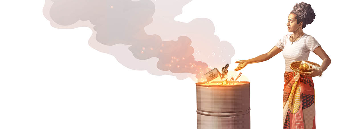 A woman destroying various objects related to spiritism by burning them.