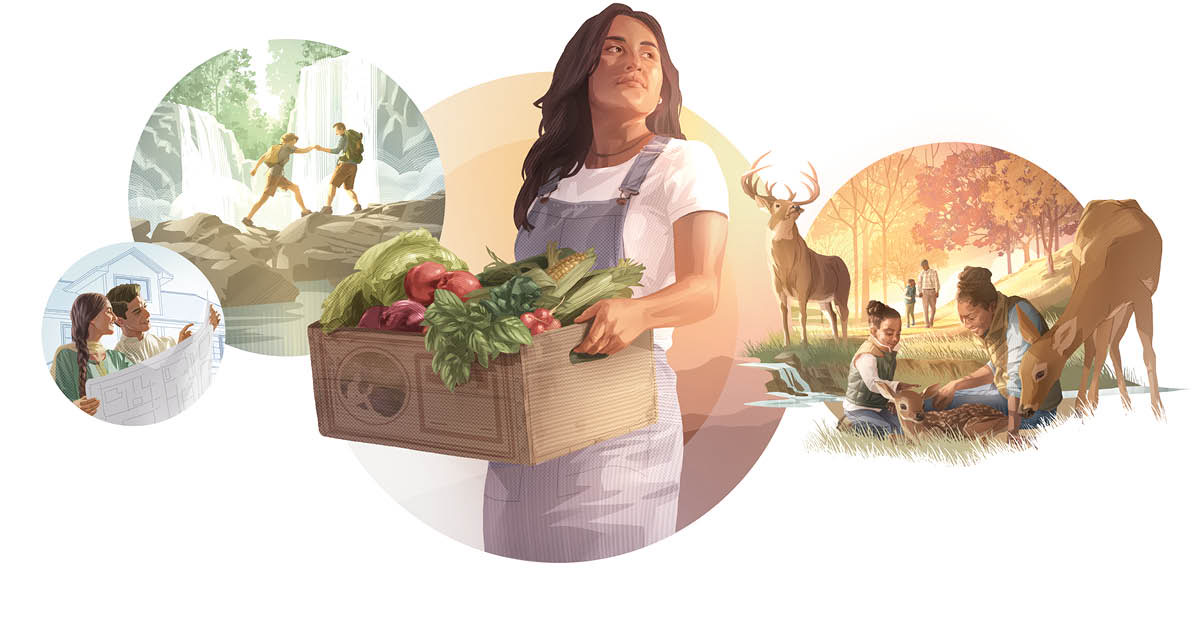 Collage: People enjoying everlasting life on a paradise earth. 1. A couple hike near a waterfall. 2. A couple examine blueprints for their house. 3. A woman carries a box of fresh vegetables. 4. A mother and daughter pet a fawn. A father and son talk.