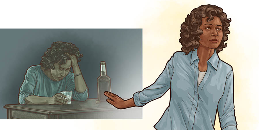 A woman firmly rejecting and walking away from her former lifestyle of overdrinking alcohol.