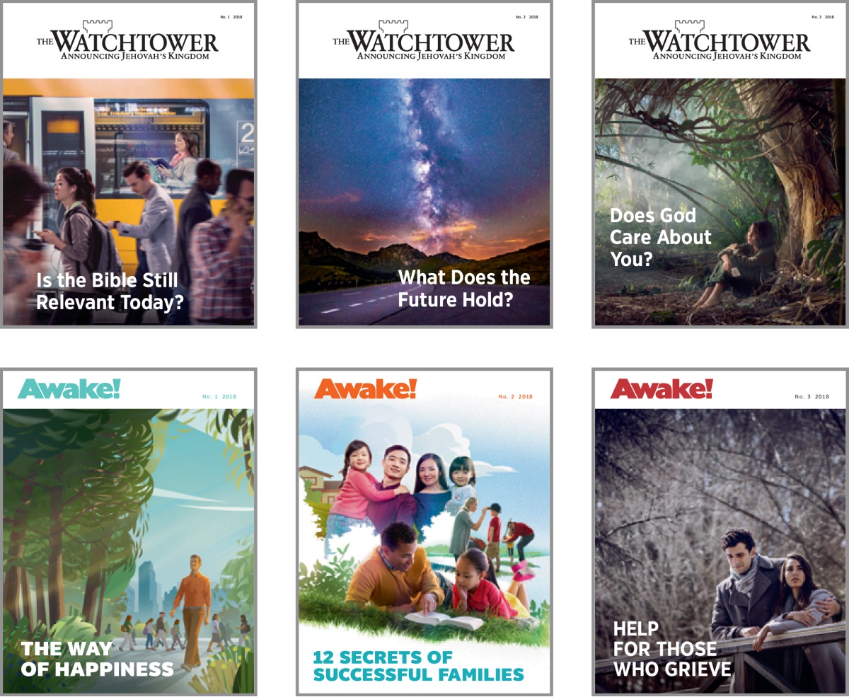 Collage: Cover subjects for ‘The Watchtower’ and ‘Awake!’ in 2018. 1. ‘Is the Bible Still Relevant Today?’ 2. ‘What Does the Future Hold?’ 3. ‘Does God Care About You?’ 4. ‘The Way of Happiness.’ 5. ‘12 Secrets of Successful Families.’ 6. ‘Help for Those Who Grieve.’