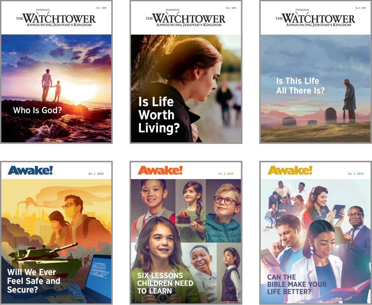 Collage: Cover subjects for ‘The Watchtower’ and ‘Awake!’ in 2019. 1. ‘Who Is God?’ 2. ‘Is Life Worth Living?’ 3. ‘Is This Life All There Is?’ 4. ‘Will We Ever Feel Safe and Secure?’ 5. ‘Six Lessons Children Need to Learn.’ 6. ‘Can the Bible Make Your Life Better?’