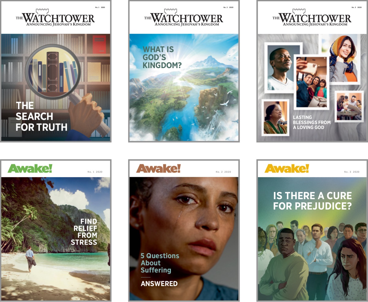Collage: Cover subjects for ‘The Watchtower’ and ‘Awake!’ in 2020. 1. ‘The Search for Truth.’ 2. ‘What Is God’s Kingdom?’ 3. ‘Lasting Blessings From a Loving God.’ 4. ‘Find Relief From Stress.’ 5. ‘5 Questions About Suffering Answered.’ 6. ‘Is There a Cure for Prejudice?’