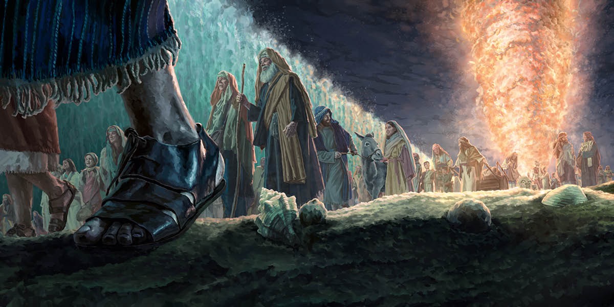 The Israelites crossing the Red Sea on dry land. A pillar of fire lights their way.