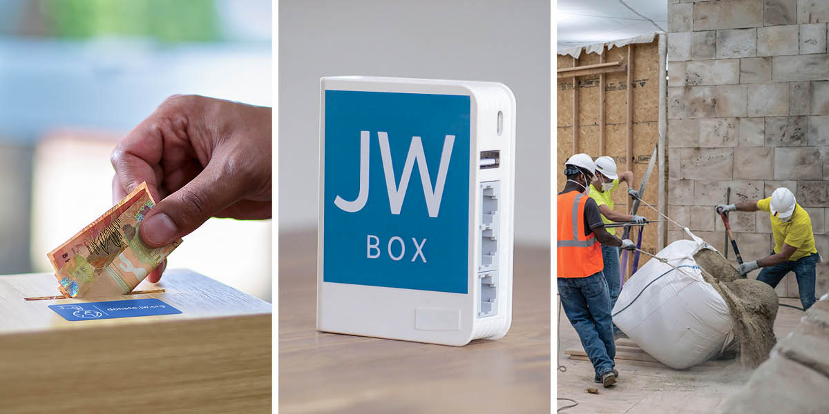 Collage: 1. A brother places a monetary donation in a contribution box. 2. A JW Box. 3. Brothers work on a video production set.