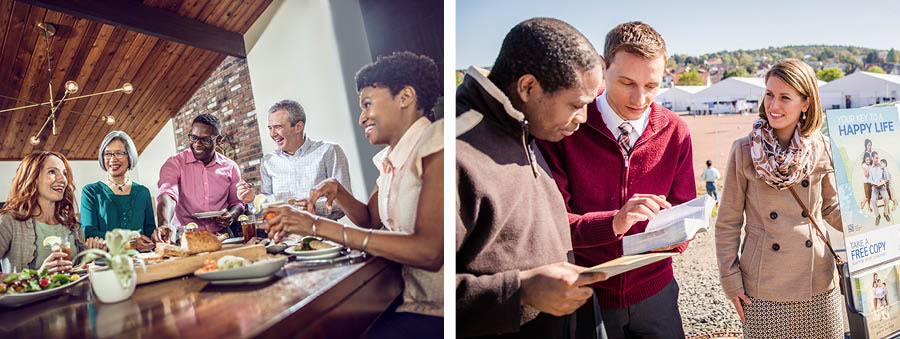 Collage: Ways to show impartiality. 1. Five friends of different ages and races enjoy a meal and association in a home. 2. A couple preaches to a man of a different race near a refugee camp.