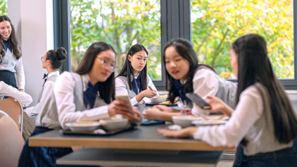 A Witness teenager enviously watching her schoolmates enjoy themselves as they chat and look at a phone.