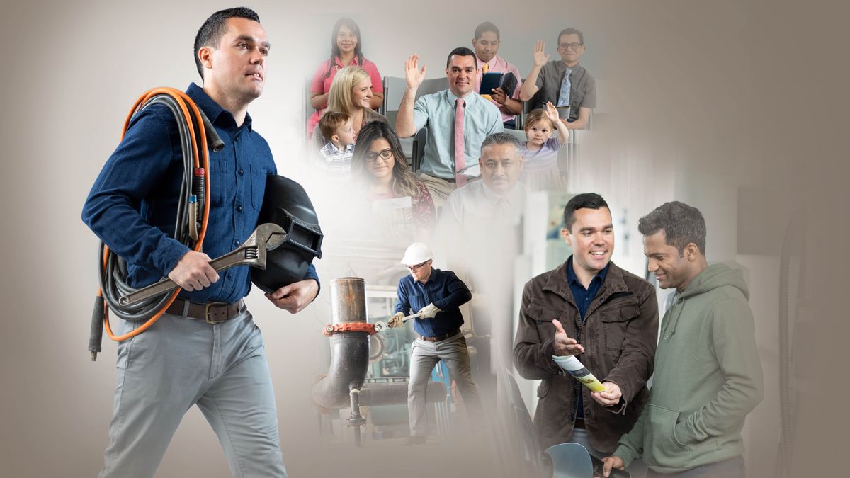 Collage: A brother working diligently as a pipe fitter and in spiritual activities. 1. He walks with his tools. 2. He uses a wrench to work on a large pipe. 3. He attends a congregation meeting with his family. Both he and his young daughter raise their hands to comment. 4. He uses a tract to witness to a man at a service station.