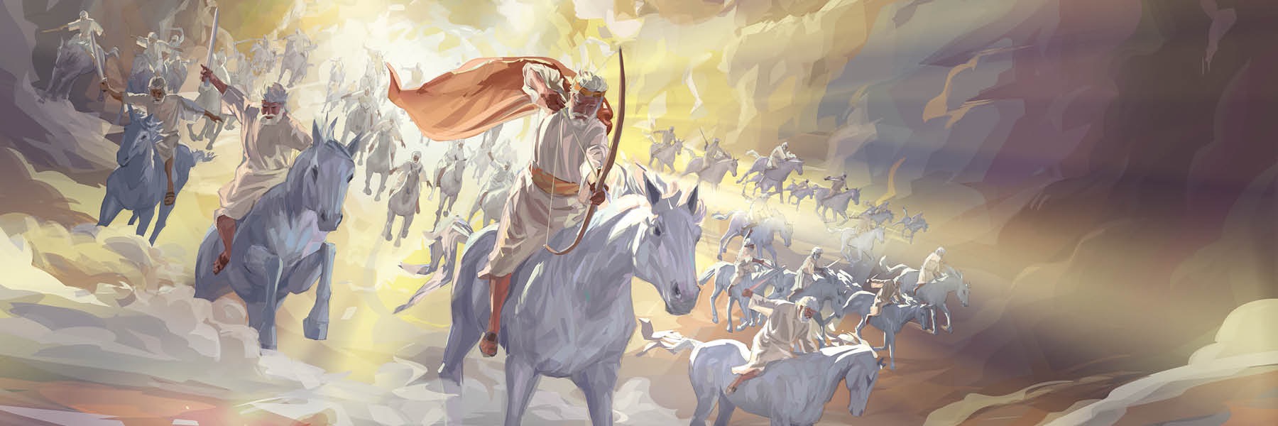 Jesus and his heavenly army ride on white horses into the battle of Armageddon to destroy God’s enemies