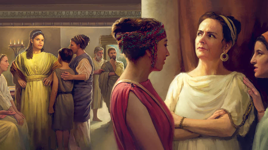 Euodia and Syntyche glaring at each other across a room. They are each conversing with a small group of people in the congregation.