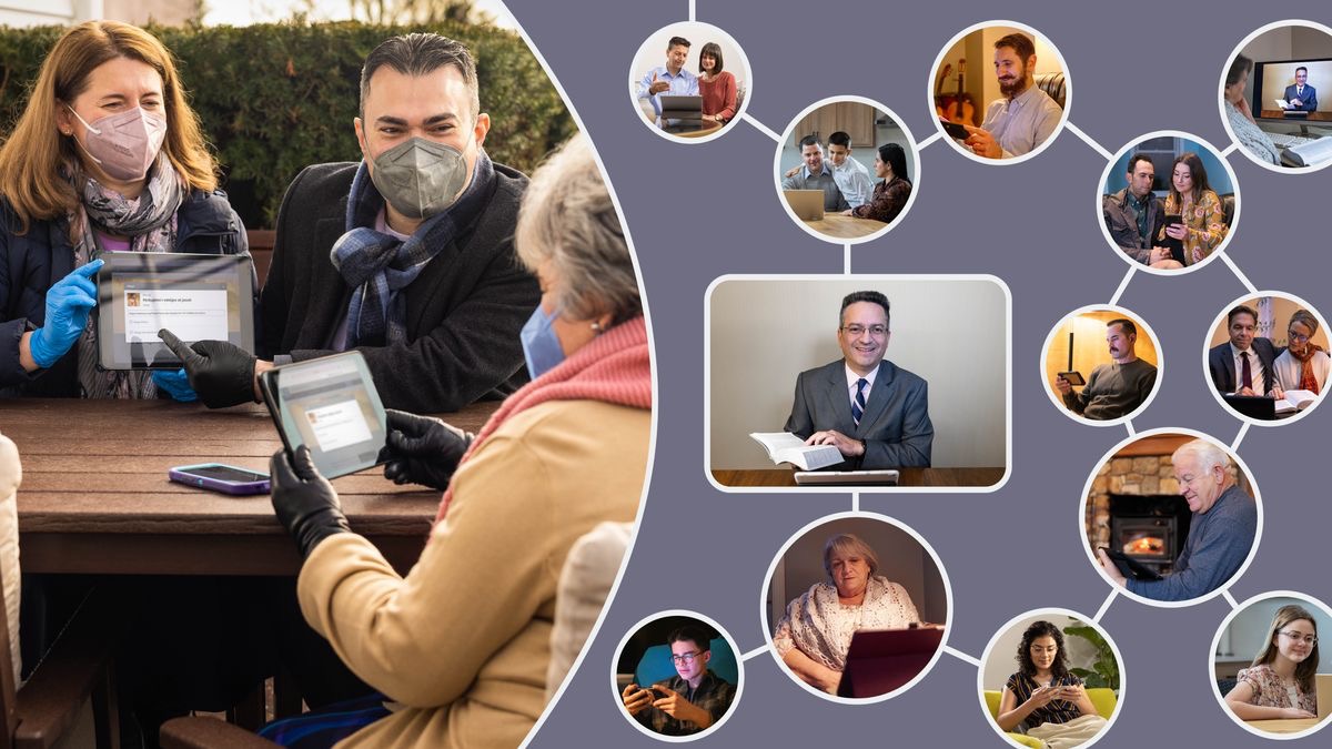 Collage: 1. A couple show an elderly sister how to use her electronic tablet during the COVID-19 pandemic. They are outside and are all wearing face masks and gloves. 2. Later, insets show many of the elderly sister’s relatives tied in to the Memorial via videoconferencing.