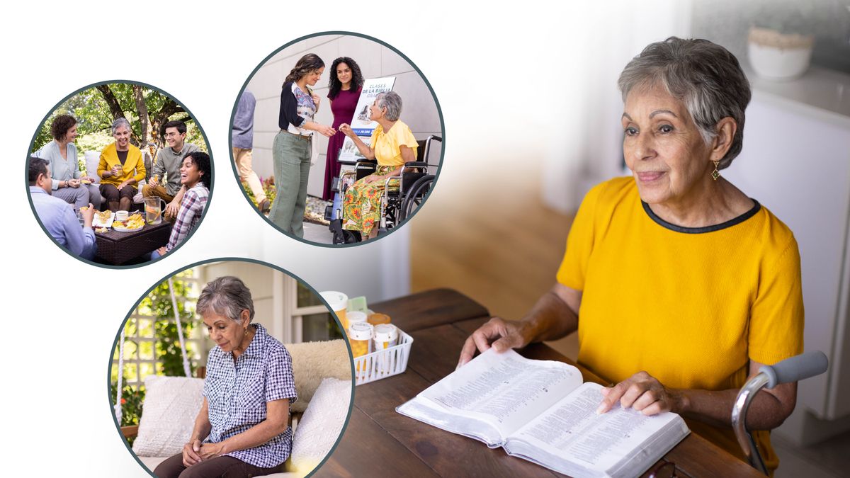 Collage: An elderly sister meditating as she reads the Bible. There are several medications next to her. 1. She talks to a woman while she participates in cart witnessing from her wheelchair. 2. She attends a social gathering with other brothers and sisters. 3. She prays.