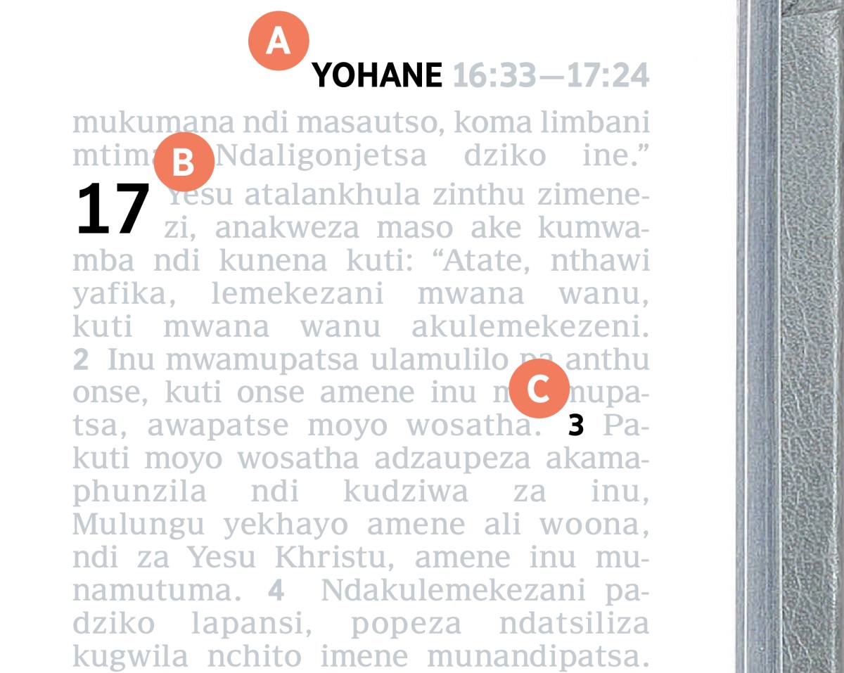 Kuonetsa mbali za A, B, na C pa tsamba la m’Baibo.