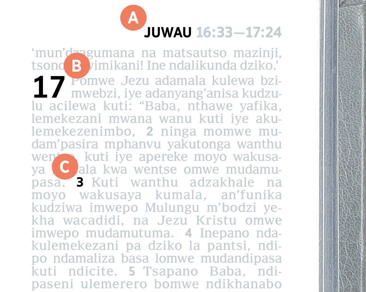 Cizindikiro comwe cikulatiza A, B na C ciri pa tsamba la Bibliya.
