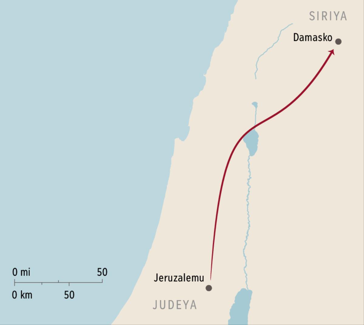 Mapa yakulatiza mseu wa Damasko na Jeruzalemu