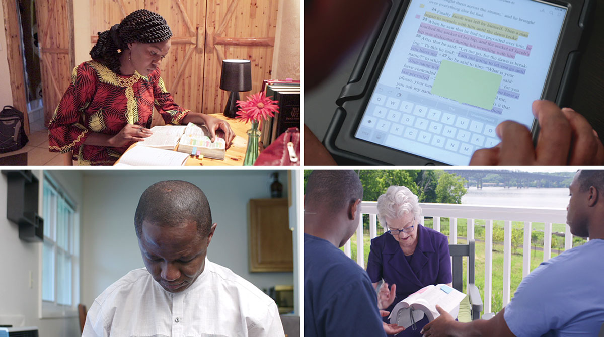 Mpfumakazi inkucita pfunziro la Bibliya la payekha; m’bale ankukwala Bibliya lace mu tablet; mpfumakazi inkulatiza amuna awiri nfundo zinango za Bibliya; m’bale ankupemba