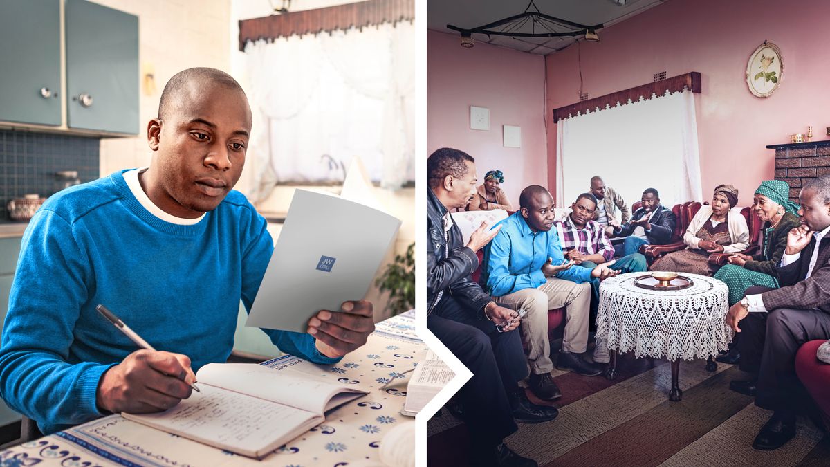 Bzithunzi-thunzi: 1. M’bale akunemba bzomwe afufudza mwakuphatisa basa Bibliya na bukhu lakuti “Malango Yakucokera m’Fala la Mulungu.” 2. M’bale m’bodzi-bodziyo akufotokoza bzomwe ambakhulupira kwa adzinza wace omwe ni Mboni lini. Adzinza wace winango akutetekera mwatceru pomwe winango akukalipa na bzomwe m’baleyo akulewabzo.
