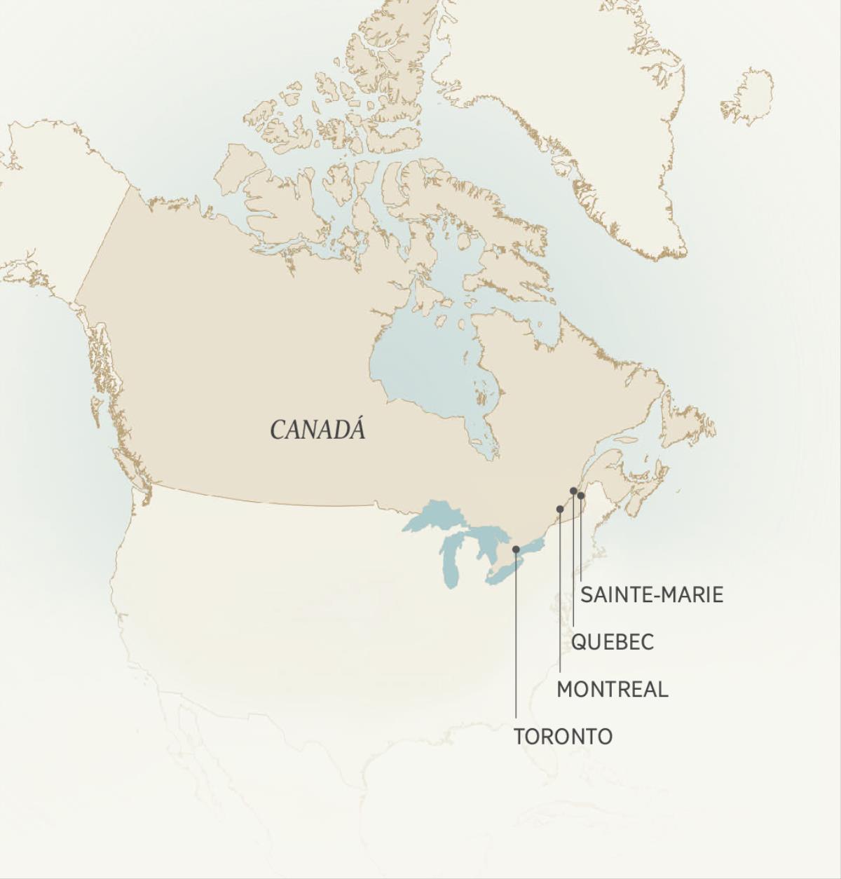 Mapa yakulatiza mizinda ya dziko la Canadá yomwe Léonce Crépeault adatumikira: Sainte-Marie, Quebec City, Montreal, na Toronto.