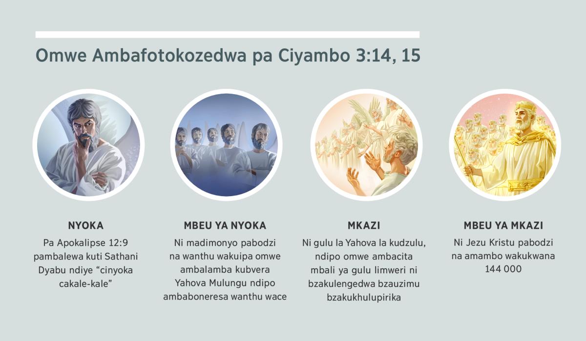 Bzithunzi-thunzi: “Omwe Ambafotokozedwa pa Ciyambo 3:14, 15.” 1. Nyoka ni Sathani, omwe ni cakulengedwa cauzimu. 2. Mbeu ya nyoka ni bzakulengedwa bzauzimu bzakuipa. 3. Mkazi ni bzakulengedwa bzauzimu bzakukhulupirika. 4. Mbeu ya mkazi ni Jezu Kristu na anyakudzozedwa omwe an’dzatonga naye pabodzi kudzulu. Nkhani zimwezi zikufotokozedwa mu ndime 4, 5, 7 na 8.