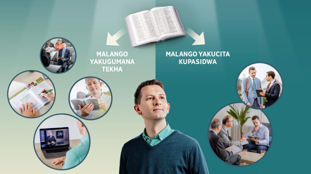 Bzithunzi-thunzi: M’bale akukumbukira momwe angatambirire malango. Bibliya lidafungula ndipo likulatiza kuti iye angacite kugumana yekha malango aya angacite kupasidwa. 1. Malango yakugumana tekha: m’baleyu ali pa mitsonkhano; iye akuwerenga Bibliya; iye akuwona programa ya JW Broadcasting; iye akupfunza revista. 2. Malango yakucita kupasidwa: m’baleyu akutetekera pomwe mwanzace akumulatiza nkhani inango mu tablet; abale awiri akucita ulendo bwa ubusa kwa m’baleyu.