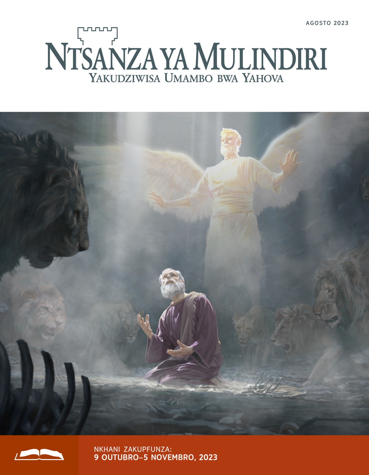 Mpolofeta Daniyeli akunyang’anisa kudzulu pomwe adazunguliridwa na mphondolo m’cidindi. Ndipo iye akukhotcereredwa na anjo omwe akumbuluka padzaulu pace.