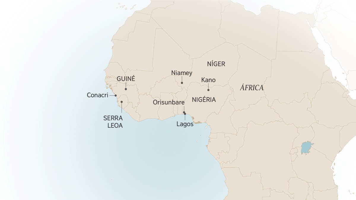 Mapa ya ku África Ocidental, yomwe yakulatiza mbuto zomwe Israel Itajobi adakhala na kutumikira: Conacri, ku Guiné; ku Serra Leoa; Niamey, ku Níger; Kano, Orisunbare na Lagos, ku Nigéria.