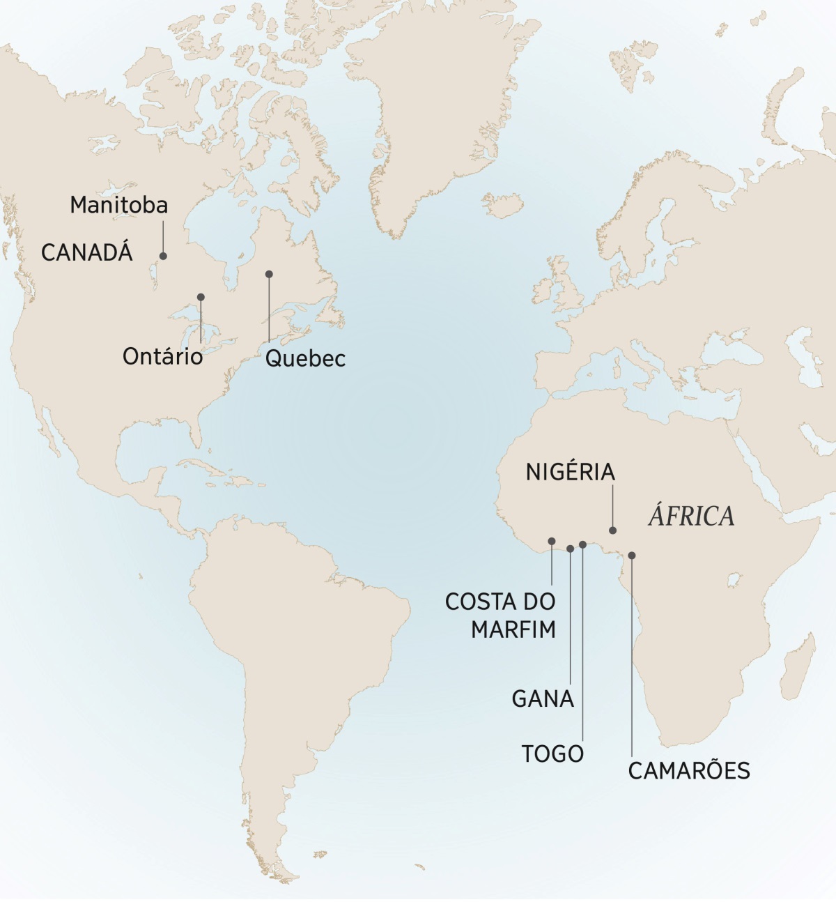 Mapa yomwe yakulatiza mbuto zinango zomwe André adakhala na kutumikira: Manitoba, Ontário, Quebec, Canadá; Camarões, Costa do Marfim, Gana, Nigéria Togo na África.
