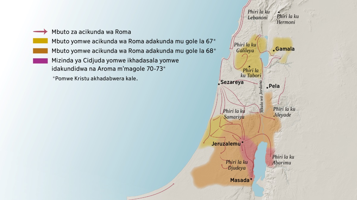 Mapa ikulatiza mapiri na mizinda inango mu nthawe za Akristau wakuyambirira. Ku norte kwa Jeruzalemu kuna mapiri ya Lebanoni, Galileya, Samariya na phiri la Jileyade ndipo kunambo phiri la Hermoni na phiri la Tabori. Mizinda yomwe iri ku norte kwa Jeruzalemu ni Gamala, Sezareya na Pela. Ku suli kwa Jeruzalemu kuna mapiri ya Djudeya na phiri la Abarimu ndipo kunambo mzinda wa Masada . Mapa yomwe ikulatiza njira zomwe acikunda wa Roma akhapitira na mbuto zomwe Adjuda adaluza mu gole la 67 Kristu akhadabwera kale mpaka mu gole la 73 pomwe Kristu akhadabwera kale.