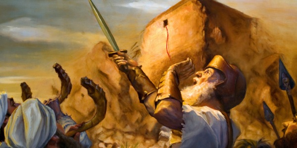 Joshua shouts a war cry while priests blow rams’ horns