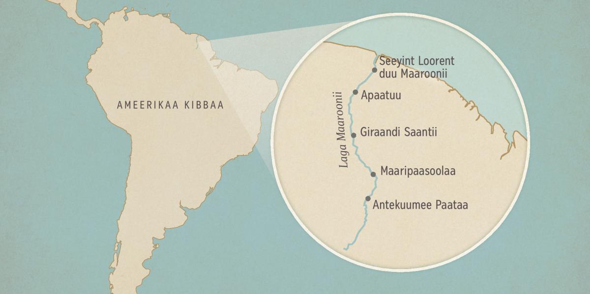 Kaartaa Ameerikaa Kibbaa Laga Maaroonii fi magaalota qarqara isaa jiran argisiisu. Magaalonni kun (kaabaa gara kibbaatti) Seeyint Loorent duu Maaroonii, Apaatuu, Giraandi Saantii, Maaripaasoolaa fi Antekuumee Paataa dabalatu.
