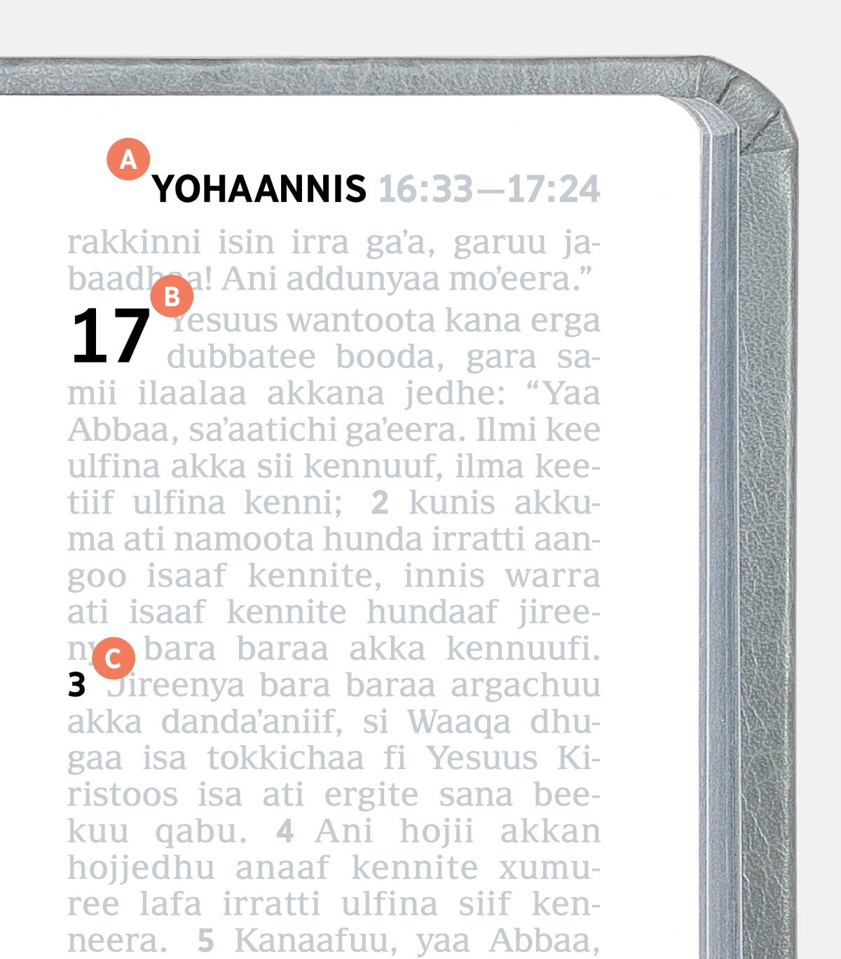 Mallattoowwan qabiyyeewwan A, B fi C fuula Kitaaba Qulqulluu keessa jiran argisiisan.