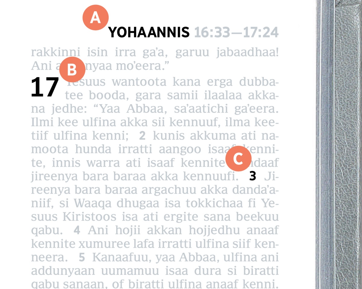 Mallattoowwan qabiyyeewwan A, B fi C fuula Kitaaba Qulqulluu keessa jiran argisiisan.
