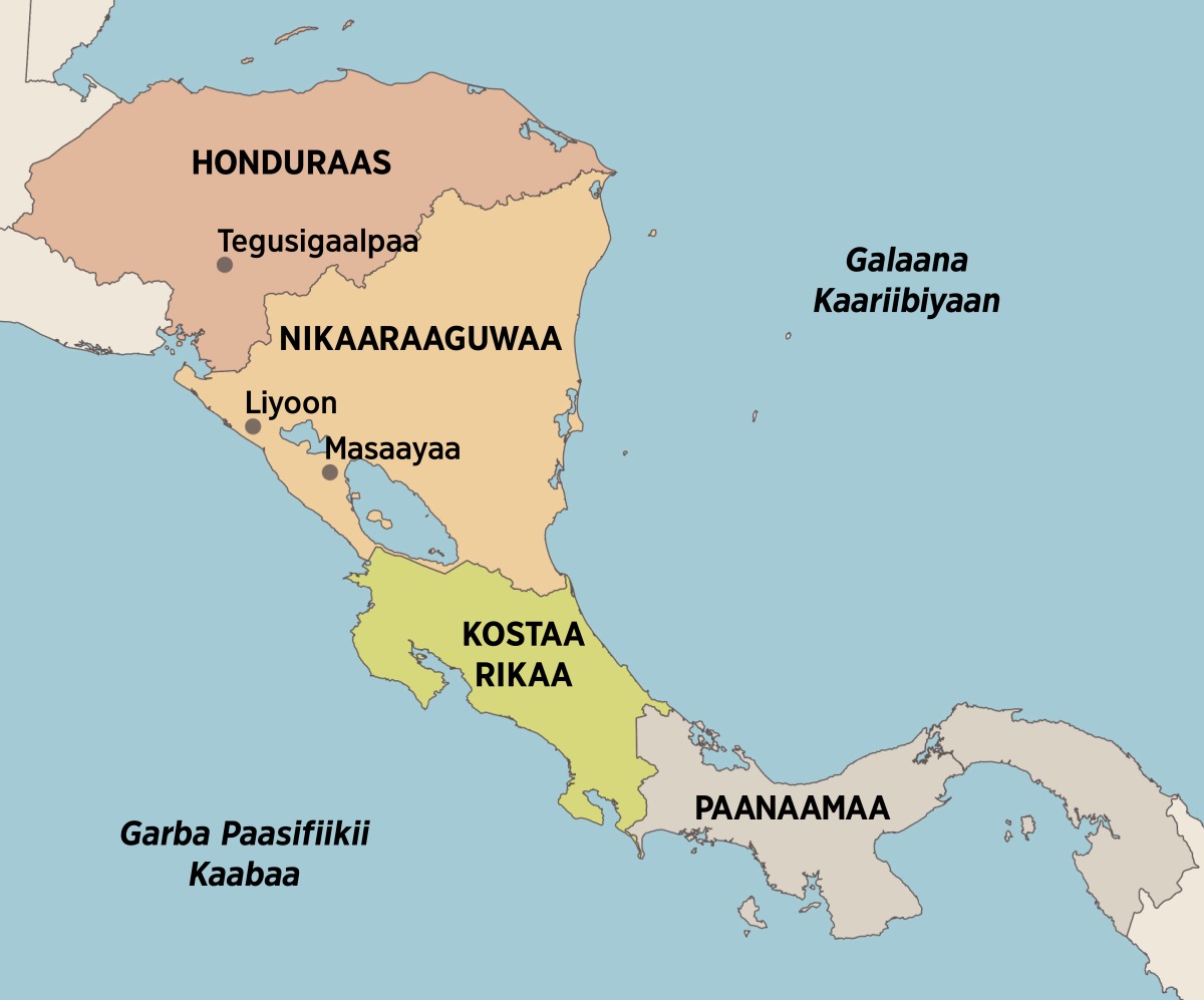 Kaartaa Giddu Gala Ameerikaa bakka Elfireed jiraattee fi itti tajaajilte argisiisu: Tegucigalpa, Honduraas; Liyoon fi Maasaayaa, Nikaaraaguwaa; Kostaa Rikaa; fi Paanaamaa.
