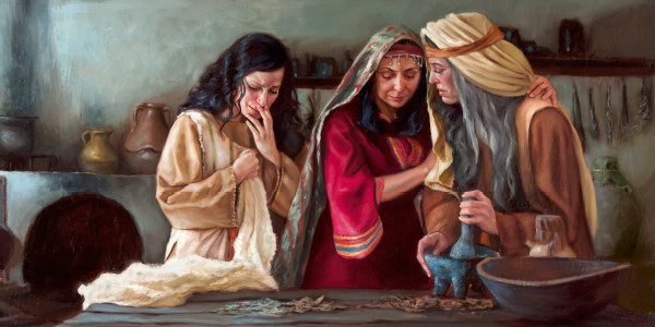 Yoʼanaa fi dubartoonni kan biraan urgooftuu reeffa Yesus diban utuu qopheessanii