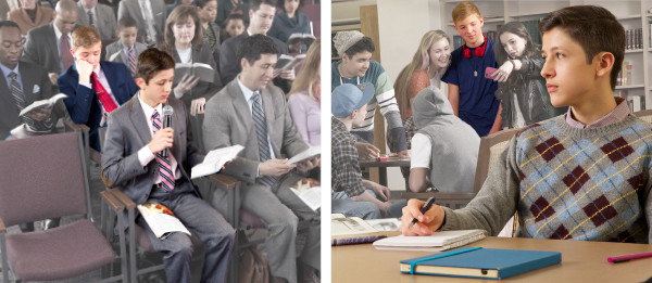 1. At a Christian meeting, one teenager comments while another slumps; 2. A Witness youth is troubled when another Witness youth behaves improperly