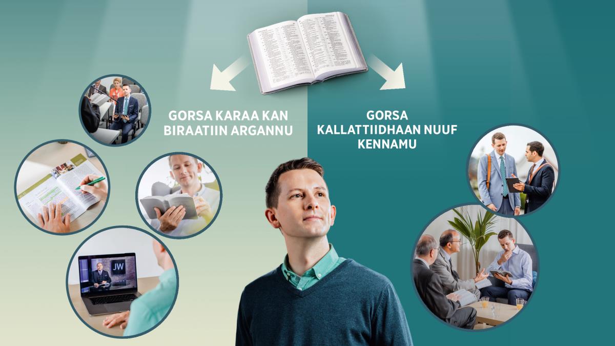 Suuraawwan garaa garaa: Obboleessi tokko karaawwan itti gorsa argachuu dandaʼu garaa garaa irratti xiinxalaa jira. Kitaabni Qulqulluun olitti banamee jiru gorsa kallattiidhaan ykn karaa kan biraatiin isaaf kennamuu dandaʼu argisiisa. 1. Gorsa karaa biraatiin argamu: obboleessi kun walgaʼii gumii irratti argamee jira; Kitaaba Qulqulluu dubbisaa jira; sagantaa JW Biroodkaastiingii ilaalaa jira; barreeffama tokko qoʼachaa jira. 2. Gorsa kallattiidhaan kennamu: obboleessi kun obboleessi kan biraan yeroo isa haasofsiisuu fi taableetii isaarraa yeroo waa isatti argisiisu dhaggeeffachaa jira; obboloonni lama tika isaaf gochaa jiru.