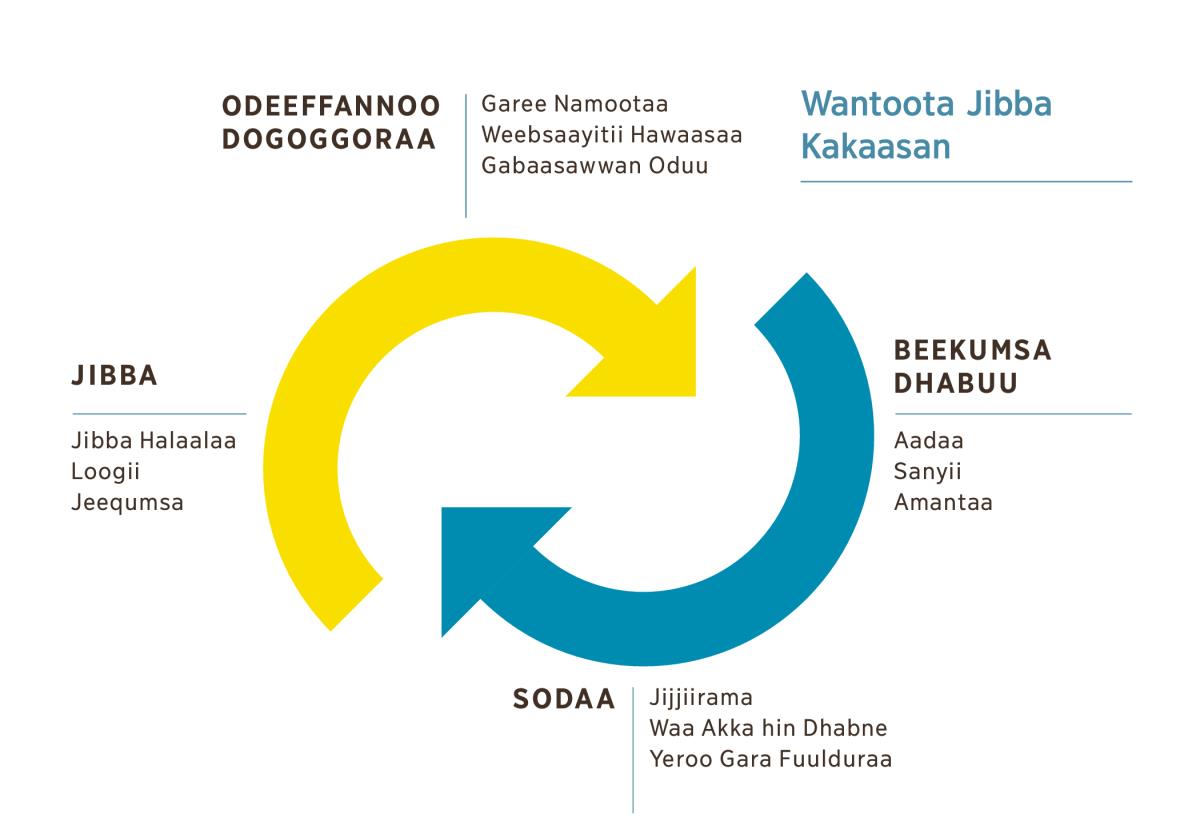 Diyaagiraamii xiyyawwan walitti garagalan lama argisiisu; xiyyawwan kun wantoota jibba kakaasan argisiisu. 1. Odeeffannoo dogoggoraa (dhiibbaa garee, weebsaayitii hawaasaa fi gabaasawwan oduu). 2. Beekumsa dhabuu (waaʼee aadaa, sanyii fi amantaa warra kaanii). 3. Sodaa (jijjiirama, waa akka hin dhabnee fi yeroo gara fuulduraa). 4. Jibba (jibba halaalaa, loogii fi jeequmsa).