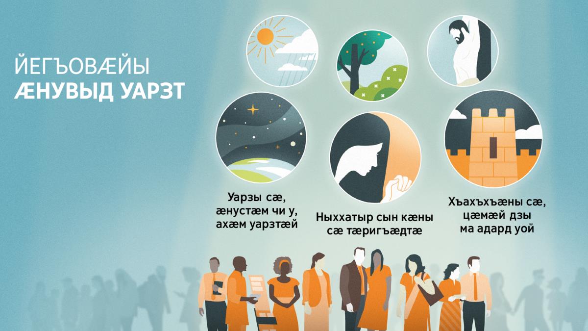 Йегъовӕйы лӕггадгӕнджытӕ ӕппӕт адӕмы ’хсӕн бӕрӕг дарынц. Цалдӕр нывы: Йегъовӕйы ӕнувыд уарзт цӕмӕй бӕрӕг у? 1. Уарзы нӕ, ӕнустӕм чи у, ахӕм уарзтӕй; ӕвдыст у, Зӕххы сӕрмӕ чи ис, уыцы стъалыджын арвӕй. 2. Хатыр нын кӕны нӕ тӕригъӕдтӕ; ӕвдыст у, хо кӕй кувы, уымӕй. 3. Хъахъхъӕны нӕ, цӕмӕй дзы ма адард уӕм; ӕвдыст у фидаргонд горӕты къулӕй. Уӕлдӕр ӕвдыст сты, Йегъовӕ ӕппӕт адӕмы дӕр кӕй уарзы, уый цӕмӕй бӕрӕг у, уыдӕттӕ. 4. Хур ӕмӕ къӕвда. 5. Дидинджытӕ, зайӕгойтӕ ӕмӕ бӕлӕстӕ. 6. Чырыстийы нывонд.