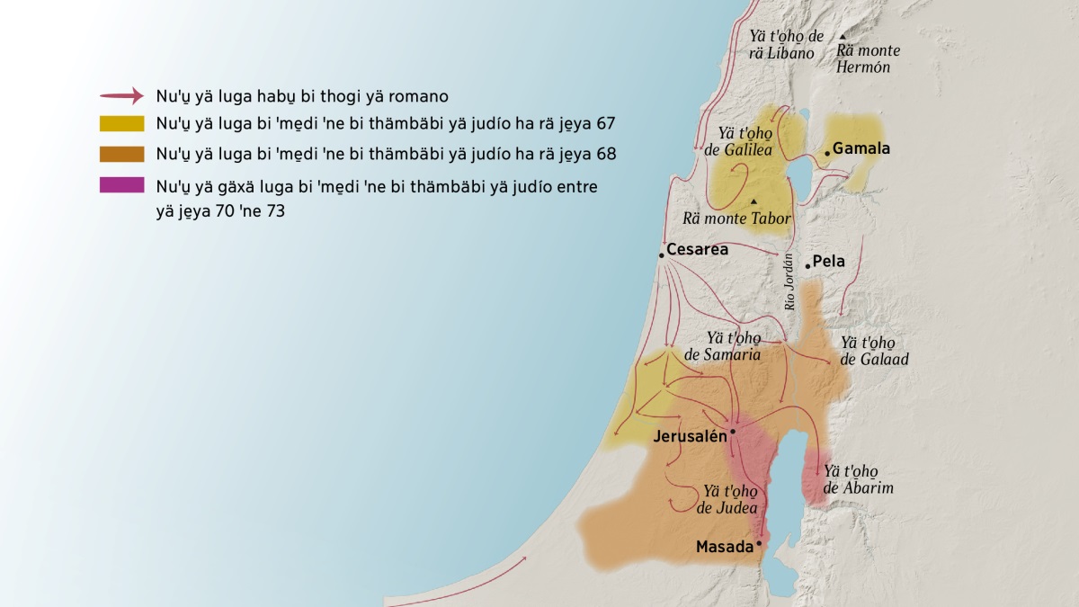 Ha nunä mäpa di nheki nuꞌu̱ yä tꞌo̱ho̱ ꞌne yä hnini de Israel de mäyaꞌmu̱. Ha mäñä de Jerusalén bi kohi nuꞌu̱ yä tꞌo̱ho̱ de rä Líbano, yä tꞌo̱ho̱ de Galilea, yä tꞌo̱ho̱ de Samaria ꞌne de Galaad, rä monte Hermón ꞌne rä monte Tabor, ꞌnehe nuꞌu̱ yä hnini de Gamala, Cesarea ꞌne Pela. Jaꞌti de Jerusalén kohi nuꞌu̱ yä tꞌo̱ho̱ de Judea ꞌne de Abarim, ꞌne rä hnini de Masada. Ha rä mäpa ꞌnehe di nheki nuꞌu̱ yä ꞌñuu bi gu̱ yä romano pa bi ntunkui yä judío ꞌne nuꞌu̱ yä luga bi thämbäbi. Nuꞌu̱ yä tuhni bi nja entre yä je̱ya 67 ꞌne 73.