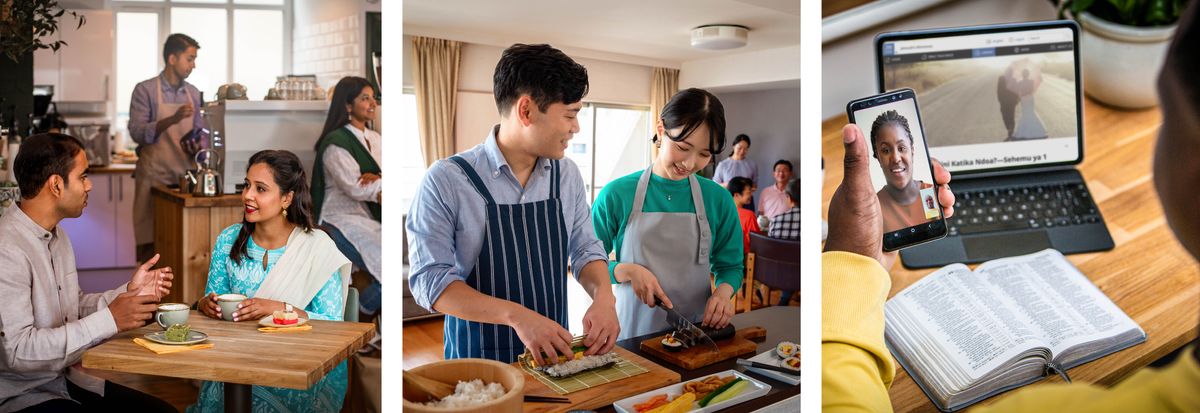 Serie de imágenes: 1. Una pareja de novios están sentados juntos en un café conversando animadamente. 2. Otra pareja de novios están cocinando juntos en una reunión social. 3. Un hermano y una hermana hablan por videollamada. Están estudiando el artículo de jw.org “¿Qué puedo esperar del matrimonio? Parte 1”. El hermano tiene la Biblia abierta delante de él.