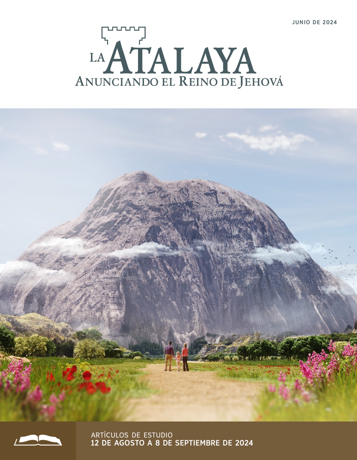 Un matrimonio y su hija mirando a una montaña inmensa que tienen enfrente.