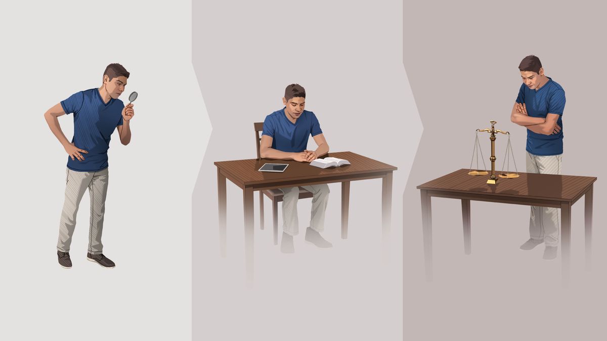 Imágenes que muestran los pasos que un hermano joven puede dar para tomar una decisión que sea sabia. 1. Mira a través de una lupa. 2. Le ora a Jehová. Su Biblia y su tableta están sobre su escritorio. 3. Mira fijamente una balanza que está puesta sobre su escritorio.