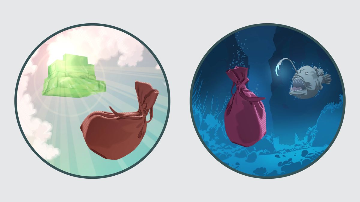 Serie de imágenes: 1. Un saco grande y pesado es arrojado detrás del trono celestial de Jehová. 2. Un saco grande y pesado se hunde en el fondo del mar.