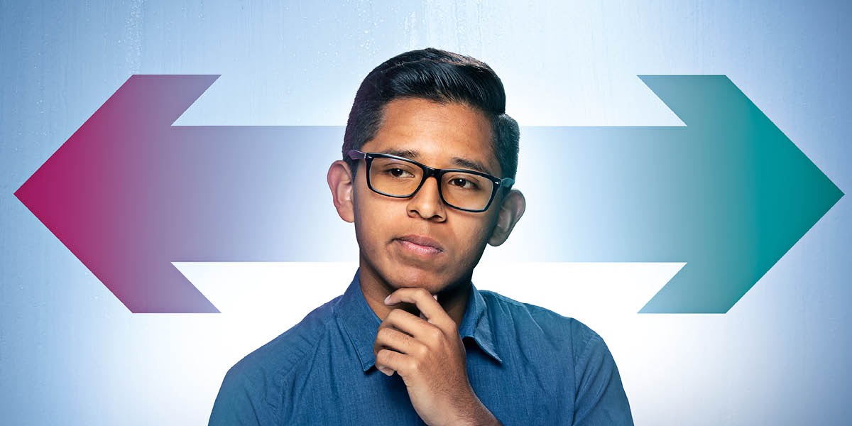 ਇਕ ਨੌਜਵਾਨ ਮੁੰਡਾ ਫ਼ੈਸਲਾ ਕਰਦਾ ਹੋਇਆ। ਉਸ ਦੇ ਪਿੱਛੇ ਦੋ ਤੀਰ ਹਨ ਜੋ ਸਹੀ ਤੇ ਗ਼ਲਤ ਨੂੰ ਦਰਸਾਉਂਦੇ ਹਨ।