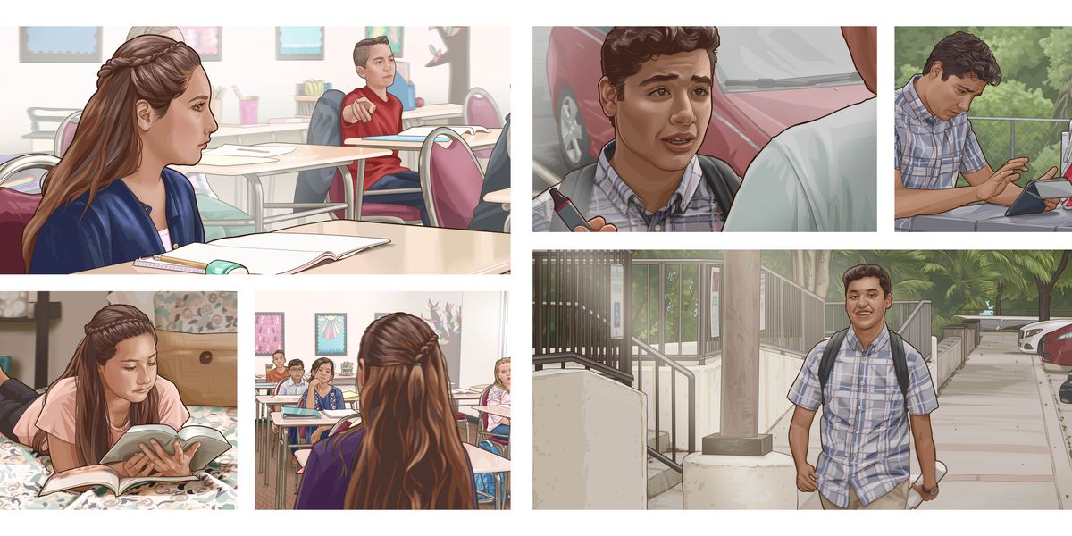 ਤਸਵੀਰਾਂ: “ਪਿਆਰ ਕਦੇ ਖ਼ਤਮ ਨਹੀਂ ਹੁੰਦਾ. . . ਸਕੂਲ ਵਿਚ ਬੁਰੇ ਮਾਹੌਲ ਦੇ ਬਾਵਜੂਦ” ਨਾਂ ਦੀ ਵੀਡੀਓ ਦਾ ਇਕ ਸੀਨ। 1. ਐਰੀਅਲ ਆਪਣੀ ਕਲਾਸ ਵਿਚ ਬੈਠੀ ਹੈ ਅਤੇ ਇਕ ਮੁੰਡਾ ਉਸ ਨੂੰ ਇਸ਼ਾਰਾ ਕਰ ਕੇ ਪੁੱਛ ਰਿਹਾ ਹੈ ਕਿ ਉਹ ਝੰਡੇ ਨੂੰ ਸਲਾਮੀ ਕਿਉਂ ਨਹੀਂ ਦਿੰਦੀ। 2. ਉਹ ਬਾਈਬਲ ਅਤੇ “ਬਾਈਬਲ ਤੋਂ ਸਿੱਖੋ ਅਹਿਮ ਸਬਕ” ਕਿਤਾਬ ਦੇ ਪਾਠ 61 ਤੋਂ ਨਿੱਜੀ ਅਧਿਐਨ ਕਰ ਰਹੀ ਹੈ। 3. ਉਹ ਆਪਣੀ ਕਲਾਸ ਵਿਚ ਖੜ੍ਹੀ ਹੋ ਕੇ ਸਾਰਿਆਂ ਨੂੰ ਗਵਾਹੀ ਦੇ ਰਹੀ ਹੈ। 4. ਡਿਏਗੋ ਦੀ ਕਲਾਸ ਦਾ ਇਕ ਮੁੰਡਾ ਉਸ ਨੂੰ ਇਲੈਕਟ੍ਰਾਨਿਕ ਸਿਗਰਟ ਦੇ ਰਿਹਾ ਹੈ। 5. ਉਹ ਆਪਣੀ ਟੈਬਲੇਟ ʼਤੇ ਖੋਜਬੀਨ ਕਰ ਰਿਹਾ ਹੈ। 6. ਉਹ ਸਕੂਲ ਤੋਂ ਘਰ ਜਾ ਰਿਹਾ ਹੈ ਅਤੇ ਉਸ ਦੇ ਚਿਹਰੇ ʼਤੇ ਮੁਸਕਾਨ ਹੈ।