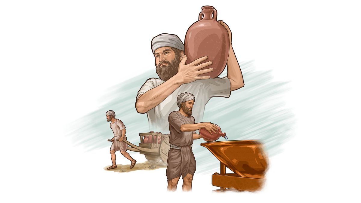 ਤਸਵੀਰਾਂ: ਲੇਵੀ ਅਲੱਗ-ਅਲੱਗ ਕੰਮ ਕਰ ਰਹੇ ਹਨ। 1. ਇਕ ਲੇਵੀ ਤਾਂਬੇ ਦੇ ਹੌਦ ਵਿਚ ਮਿੱਟੀ ਦੇ ਘੜੇ ਨਾਲ ਪਾਣੀ ਭਰ ਰਿਹਾ ਹੈ। 2. ਇਕ ਲੇਵੀ ਪਾਣੀ ਨਾਲ ਭਰੇ ਘੜਿਆਂ ਨੂੰ ਗੱਡੇ ਵਿਚ ਲੈ ਕੇ ਜਾ ਰਿਹਾ ਹੈ। 3. ਇਕ ਲੇਵੀ ਨੇ ਮਿੱਟੀ ਦਾ ਘੜਾ ਚੁੱਕਿਆ ਹੋਇਆ ਹੈ।