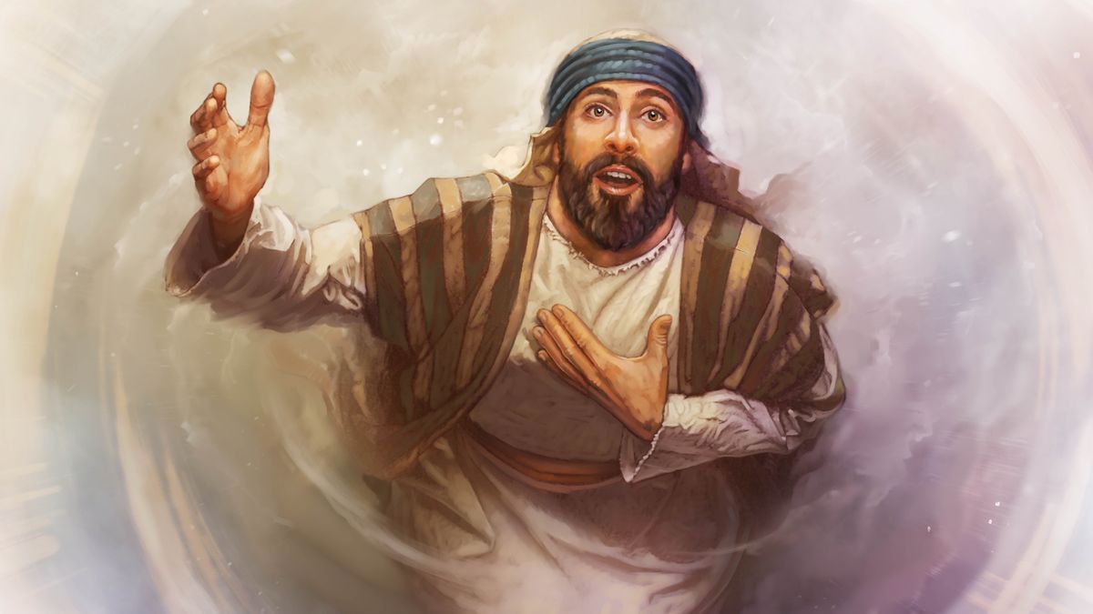 ਯਸਾਯਾਹ ਸਵਰਗ ਵੱਲ ਦੇਖ ਰਿਹਾ ਹੈ ਅਤੇ ਪਰਮੇਸ਼ੁਰ ਦਾ ਸੰਦੇਸ਼ ਸੁਣਾਉਣ ਲਈ ਖ਼ੁਦ ਨੂੰ ਪੇਸ਼ ਕਰ ਰਿਹਾ ਹੈ।