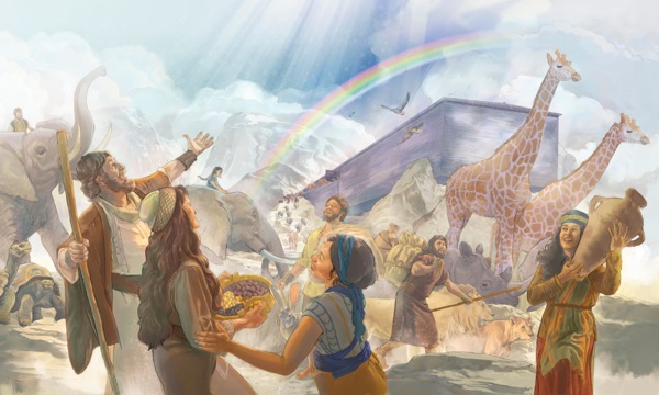 ਜਲ-ਪਰਲੋ ਤੋਂ ਬਾਅਦ ਨੂਹ, ਉਸ ਦਾ ਪਰਿਵਾਰ ਅਤੇ ਜਾਨਵਰ ਕਿਸ਼ਤੀ ਤੋਂ ਬਾਹਰ