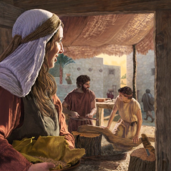 ਯੂਸੁਫ਼ ਦੁਆਰਾ ਨੌਜਵਾਨ ਯਿਸੂ ਨੂੰ ਤਰਖਾਣ ਦਾ ਕੰਮ ਸਿਖਾਉਂਦੇ ਹੋਏ ਮਰੀਅਮ ਬੜੇ ਪਿਆਰ ਨਾਲ ਉਨ੍ਹਾਂ ਵੱਲ ਦੇਖ ਰਹੀ ਹੈ