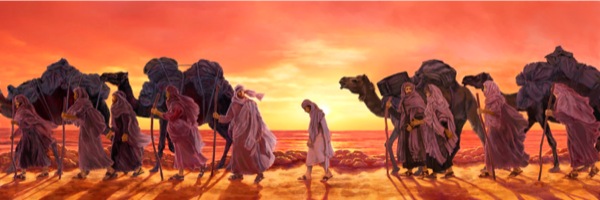 ਯੂਸੁਫ਼ ਨੂੰ ਗ਼ੁਲਾਮ ਵਜੋਂ ਵੇਚਿਆ ਗਿਆ ਜੋ ਕਾਫ਼ਲੇ ਦੇ ਨਾਲ-ਨਾਲ ਤੁਰਦਾ ਹੈ