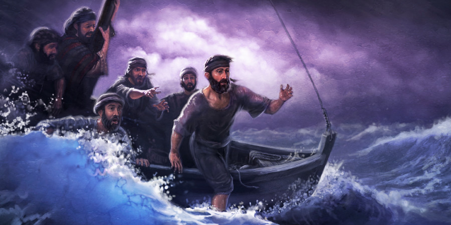 ਜਦੋਂ ਕੁਝ ਚੇਲੇ ਤੂਫ਼ਾਨ ਦੌਰਾਨ ਕਿਸ਼ਤੀ ਚਲਾਉਣ ਦੀ ਜੱਦੋ-ਜਹਿਦ ਕਰਦੇ ਹੋਏ, ਉਦੋਂ ਪਤਰਸ ਬੇੜੀ ਵਿੱਚੋਂ ਉਤਰ ਕੇ ਪਾਣੀ ’ਤੇ ਚੱਲਦਾ ਹੋਇਆ